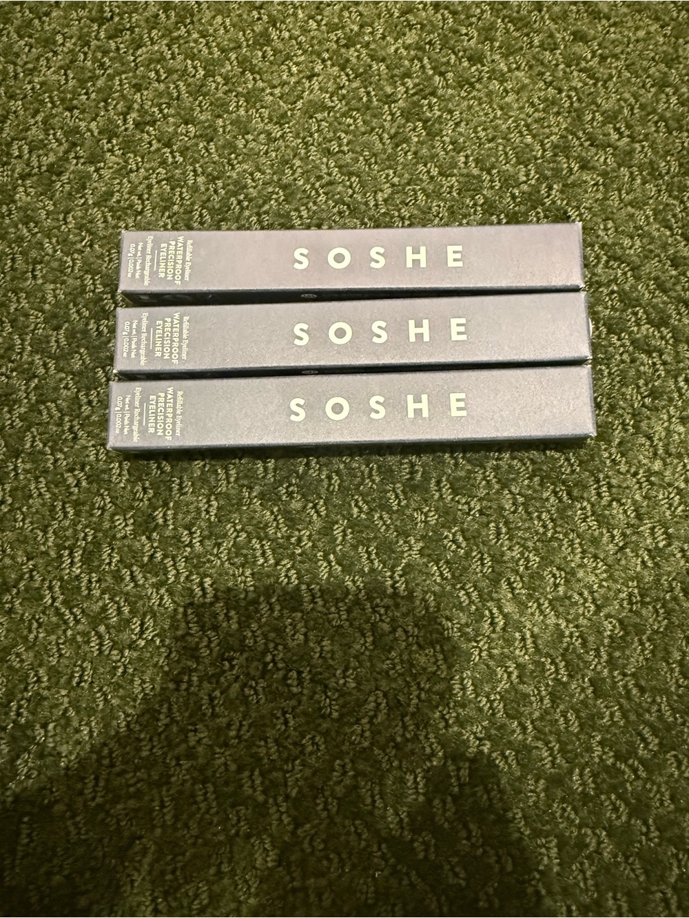 SOSHE branded waterproof  eyeliner in sleek navy boxes 3 pack in 3 colors